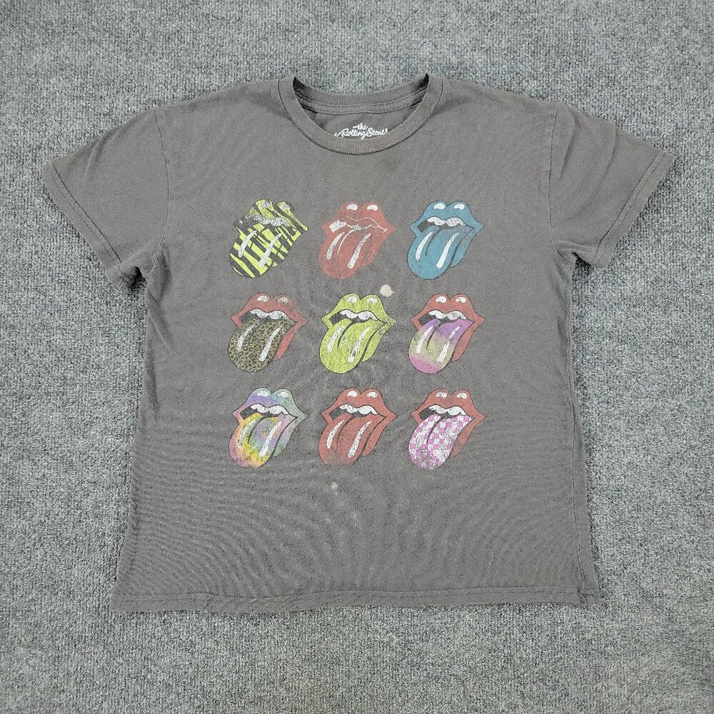 The Rolling Stones Shirt Women's Medium Gray Logo Graphic Short Sleeve Stretch